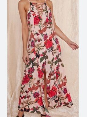 RAGA Pink Tropical Halter Maxi Dress